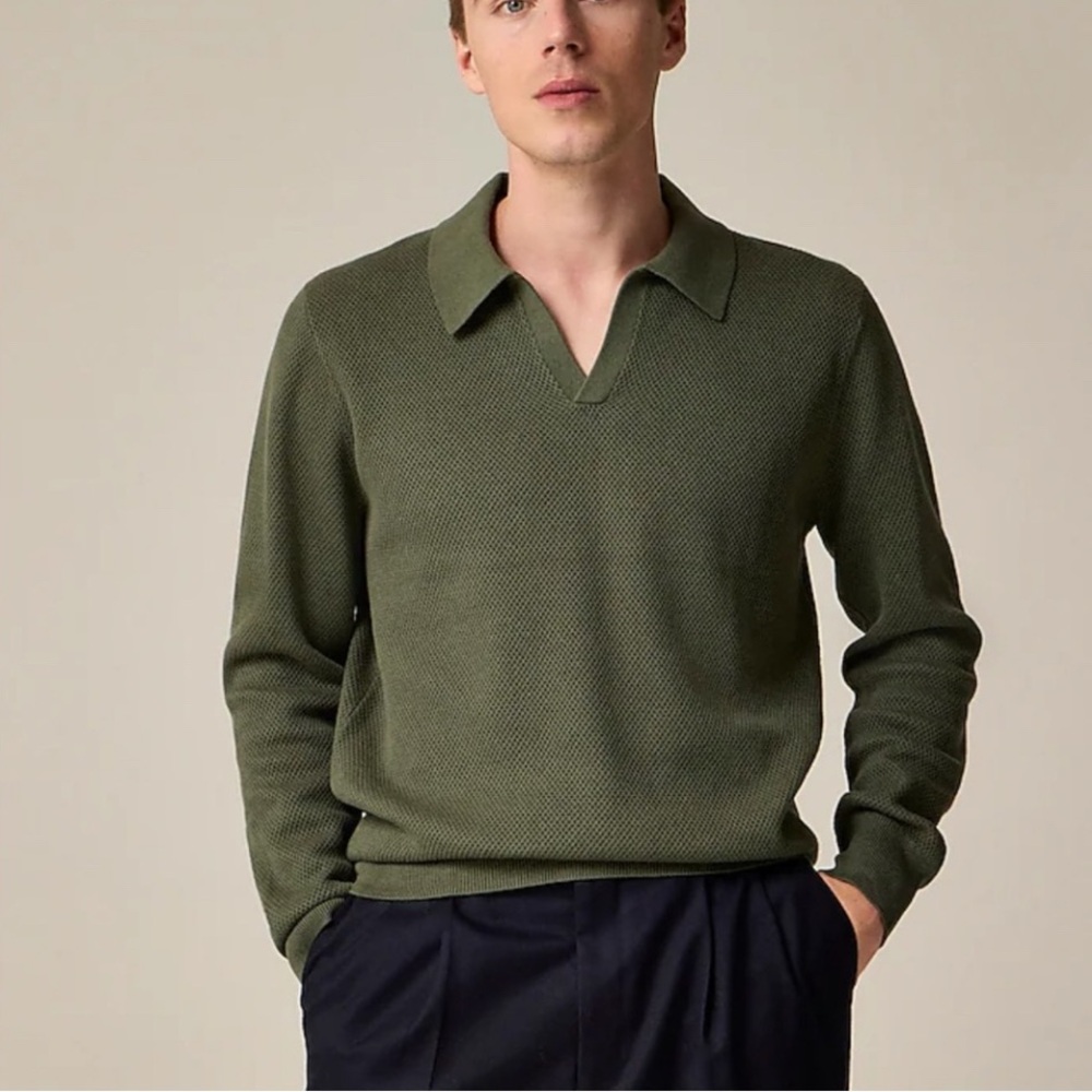J crew cool cypress Long-sleeve cotton mesh-stitch johnny-collar sweater-polo
